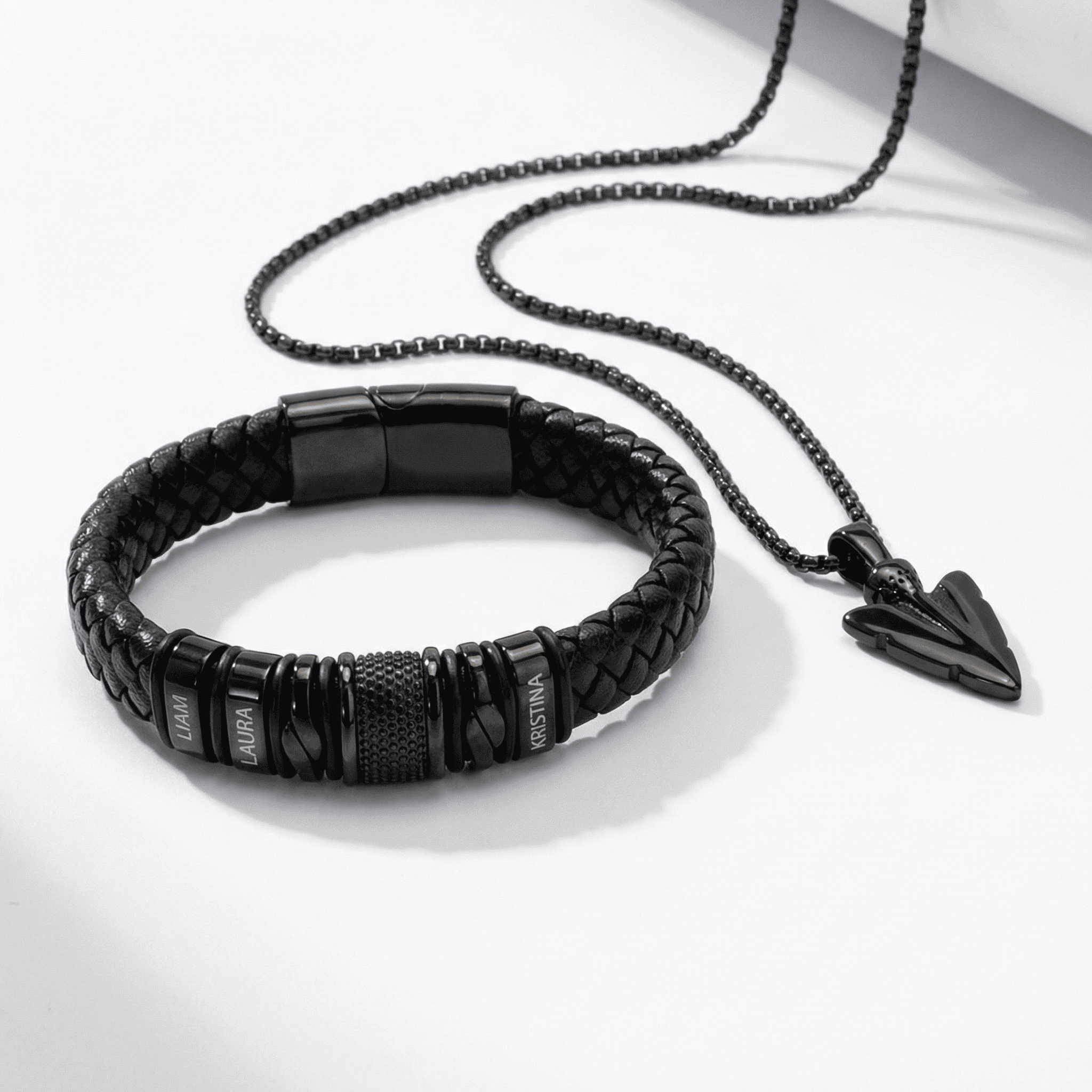 Set of 2: Black Bracelet + Arrow Necklace