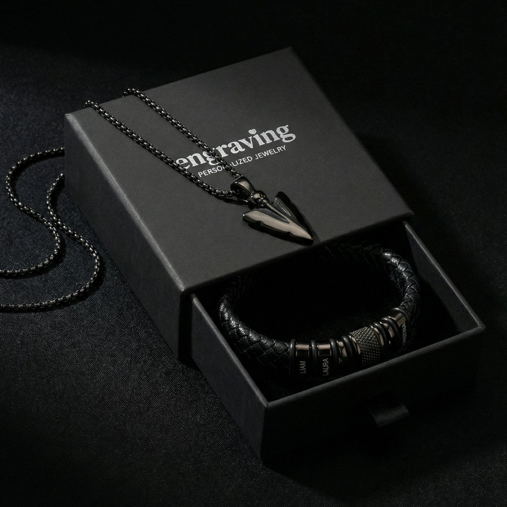 Set of 2: Black Bracelet + Arrow Necklace